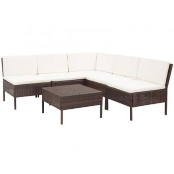 6-Piece Brown Poly Rattan Garden Lounge Set with Cushions