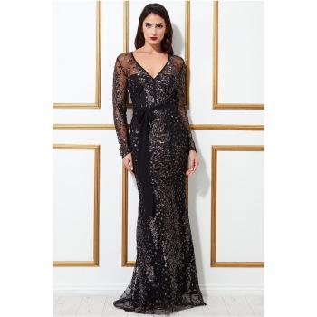 Goddiva Spread On Sequin Maxi Dress With Belt - Black - Size 8 UK