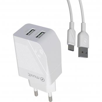 Muvit for Change Pack Cargador de Pared USB 2 Puertos 2.4A/12W + Cable Tipo C 1.2m Blanco
