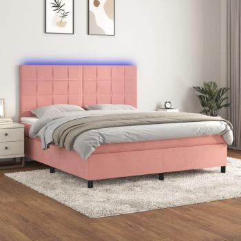 Cama box spring con colchón y LED en terciopelo rosa 180x200 cm