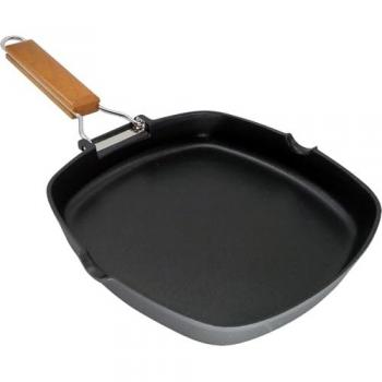 Grill Inducción Ecostone 20x20cm Antiadherente ILAG sin PFOA, Aluminio Fundido, Mango Madera Plegable, Apta para Vitrocerámica y Gas, Negro