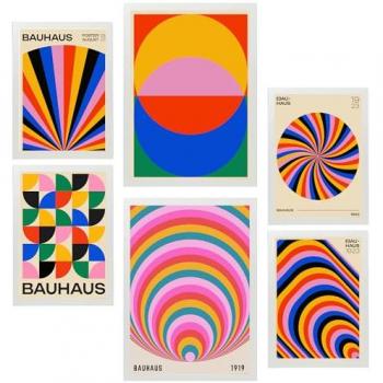 Set de 6 Pósters Geométricos Bauhaus con Colores Vibrantes para Decorar Paredes del Hogar (A3 y A4, Sin Marco)