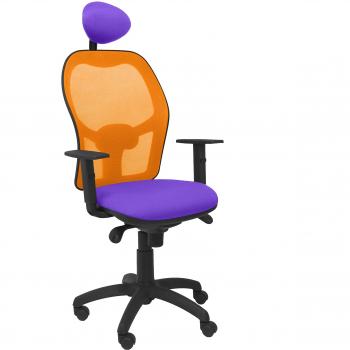 PIQUERAS Y CRESPO Modelo Jorquera - Silla de oficina ergonómica con mecanismo sincro, brazos regulables y ajustable en altura - Respaldo de malla transpirable en color naranja y asiento tapizados en tejido BALI color lila