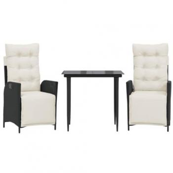 3-Piece Black Poly Rattan Garden Dining Set with Cushions
