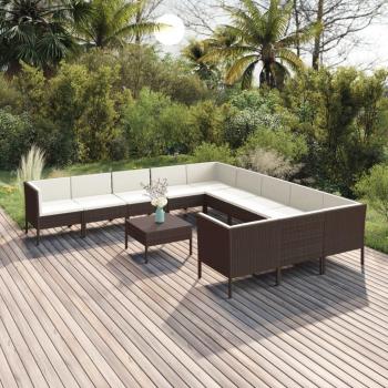 Set de muebles de jardín 12 piezas con cojines de ratán sintético marrón