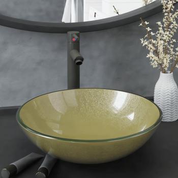 Lavabo con grifo, tapón pulsador y cristal templado dorado