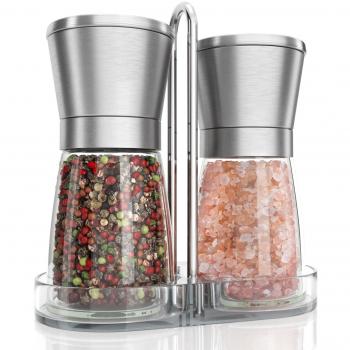 Molinillo de sal y pimienta con molinillo cerámico + soporte I Molino de especias I Salero y pimentero de acero inoxidable + cristal con moledor cerámico y ajuste regulable I Molido grueso y fino