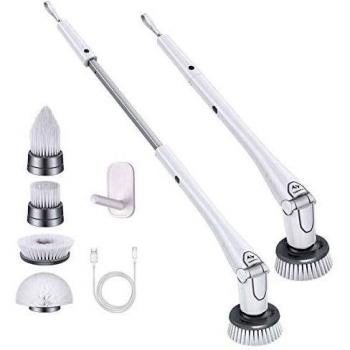Tilswall Cepillo Limpieza Eléctrico 300 RPM,Spin Scrubber 4000 mAh,70-110CM Extensible,Ajustable 0-80 °,4 Cabezales Diferentes para Bañera,Azulejo,Piso, Pared de Baño y Cocina