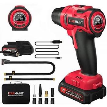 ICARMAINT Compresor Aire Portátil Coche Bomba de Aire Inflador 140PSI Eléctrico Recargable con LED y Pantalla LCD 35 L/min Automático Inflador Neumaticos para Bicicleta, Moto, Pelota 12V DC