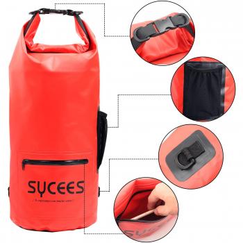 SYCEES Bolsas estancas impermeable 15L Rojo con un bolsillo de cremallera impermeable y un bolsillo lateral de mallas y cinta doble adjustable para movil, ropa, llave para la playa, viaje, nadar, deportes acuáticos