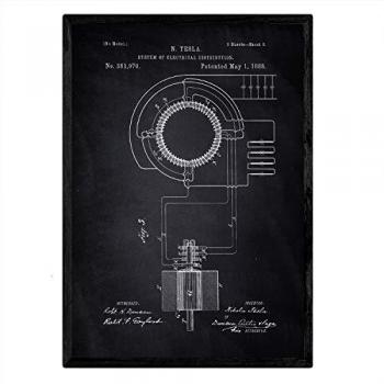 Póster A3 de Patente Antiguo de Sistema de Distribución Eléctrica con Fondo Azul y Negro