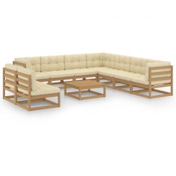 Set de muebles de jardín 10 piezas con cojines en madera de pino color marrón miel