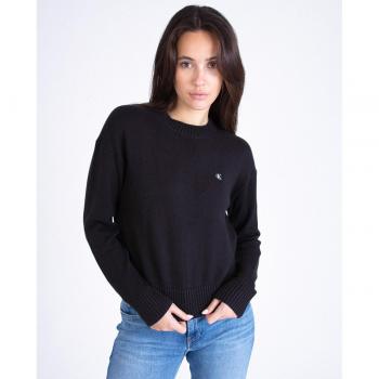Calvin Klein Women's Black Cotton Crew Neck Sweater with Logo, Long Sleeve, Size M