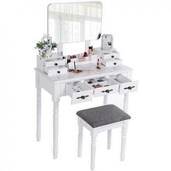 ANWBROAD Juego de Tocador Escritorio grande de Maquillaje con Taburete Almohadillas Espejo sin marco 7 cajones y 3 separadores Organizador extraíble Juego Blanco de almacenamiento de joyas para BDT03W