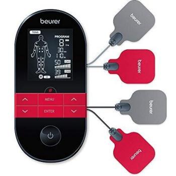 Beurer EM 59 Electroestimulador digital con función calor, tens, ems y masaje, 2 canales, función calor, 4 electrodos, con pads de gel, intensidad regulable, temporizador, color negro rojo