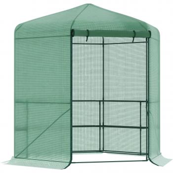 Invernadero de Jardín Hexágono Outsunny 194x194x215 cm Vivero Casero con 6 Estantes Puerta Enrollable y Marco de Acero Galvanizado para Cultivos Plantas Macetas Flores Verde