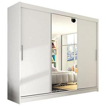 Armario Atlanta 122 Blanco con Puertas Correderas, 250x215x58cm, 9 Estantes y Espejo