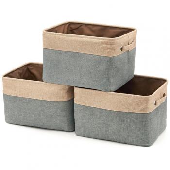 EZOWare 3 Pcs Caja de Almacenaje, Cestas Organizador de Tela Plegable con Manijas para Hogar, Oficina, Estanterías, Armarios, Ropa, Juguetes y mas - 38 x 27 x 24cm -Gris / Beige