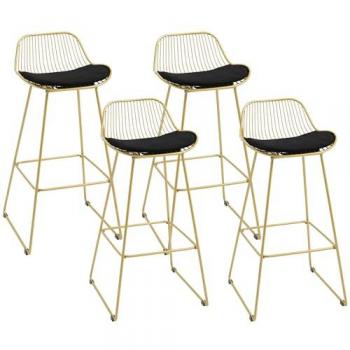 Conjunto de 4 Taburetes de Bar Altos Modernos con Cojín de Terciopelo, Respaldo y Reposapiés, Carga 120 kg, Color Amarillo, 46.5 x 48
