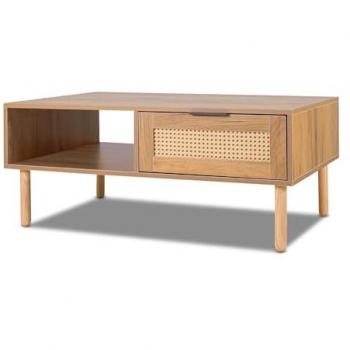 Mesa de centro Akela de madera y ratán con 2 cajones y vano abierto