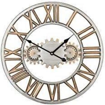 Reloj de Pared Industrial Redondo 46 cm Plata Hierro Envejecido con Números Romanos y Engranajes