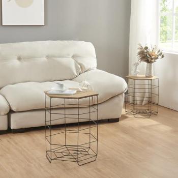 Set de 2 mesas auxiliares Hørsholm metal/MDF hexagonales con tableros extraíbles efecto madera/negro 51 x 42 cm