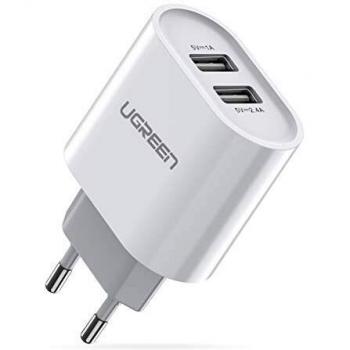 UGREEN 17W Cargador de Pared con Doble USB Puertos 5V 2.4A y 5V 1A, Enchufe USB para iPhone 13 12 XR XS X 8, iPad Mini, Galaxy S20 S10 S9 S8, Xiami Mi10 Mi9 Redmi Note 9, Huawei P30 P20 - Blanco