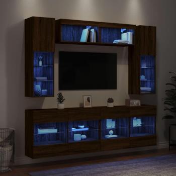 Muebles de TV de pared con luces LED - 6 piezas en Roble Marrón