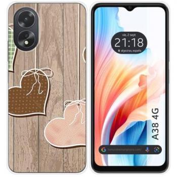 Funda de Silicona para Oppo A38 4G con Diseño de Corazones y Madera