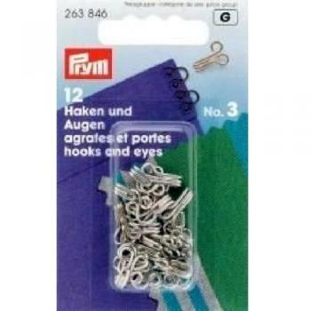Prym Ganchos Y Ojos, Polyester, Plata, nr. 3, Grande, Color, 12 Piezas