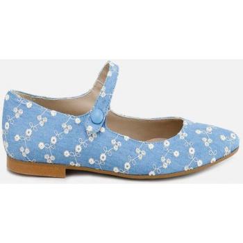 Merceditas de niña Eli 1957 en tejido jeans con flores bordadas, punta afilada, modelo Miti Jeans, marca Papanatas