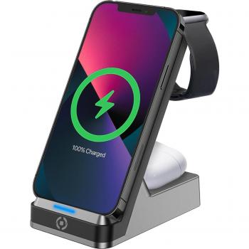 Celly WLSTAND3IN1BK Cargador Inalámbrico 3 en 1 para Dispositivos Móviles, Compatible con Cámara Digital, Mando de Videojuegos, Auriculares, Teléfono