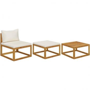 3-Piece Garden Lounge Set with Cream Cushions, Solid Acacia Wood