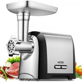 Aicok Picadora de Carne Eléctrica, Fabricante de Salchichas con Caja de Accesorios, Máquina de Procesamiento de Alimentos de Alta Resistencia con Cuchilla de Corte, 3 Placas de Molienda, Accesorios Para Relleno de Kubbe y Salchichas, Aprobado por CE, 12
