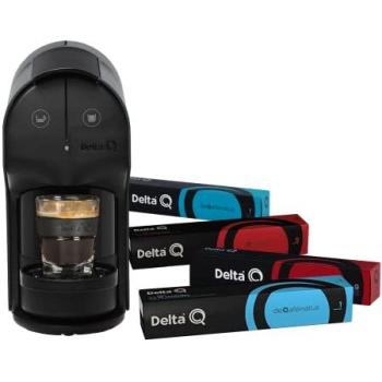 Cafetera Delta Q Quick Antracita + 100 Cápsulas DeQafeinatus y Qharacter - Diseño Elegante y Práctico para Cafés, Té y Bebidas Calientes