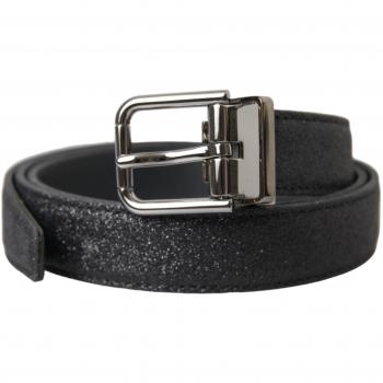 Dolce & Gabbana Black Glittered Leather Silver Buckle Belt - 90 cm / 36 Inches