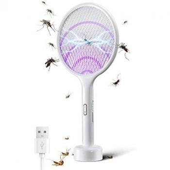 YISSVIC Raqueta Mosquitos Eléctrico 2 en 1 4000V Raqueta Matamoscas Eléctrica Base Recargable, 2 Interruptor con Modo Inteligente y Manual