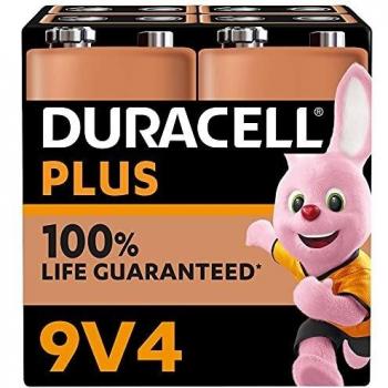 Pilas Alcalinas Duracell Plus 9V (6LR61) - Pack de 4, 100% Vida Garantizada, Sin Plástico, 5 Años Almacenamiento