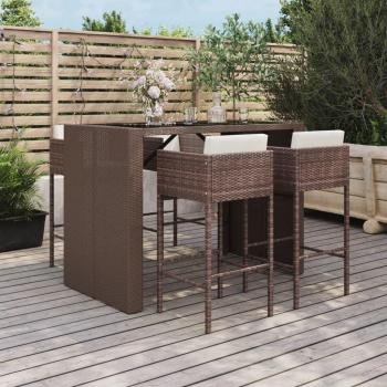5-Piece Brown Poly Rattan Garden Bar Set with Cushions