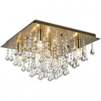Plafón de diseño Acton Latón antiguo 5 bombillas 27cm, Techo empotrado 5 luces E14, cuadrado de 460 mm, latón antiguo, cristal prisma