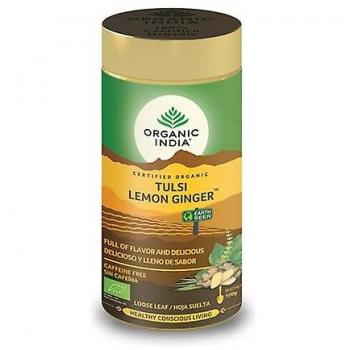 Organic India Tulsi Lemon Ginger Infusion en polvo 100 g, mezcla de hierbas orgánicas, sabor cítrico y picante, rica en antioxidantes, sin cafeína, ideal para infusiones y tés
