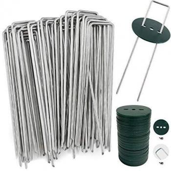 AGAKY 40 Grapas de Jardín con 40 Arandelas, Piquetas de Acero Pare Césped Artificial y Malla Antihierbas - 150 mm de Largo, 25 mm de Ancho, 2,8 mm de Diámetro