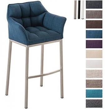 Taburete de Bar Damaso en Tela Azul con Base de 4 Patas y Acero Inoxidable, Silla Alta con Respaldo, Reposabrazos y Reposapiés