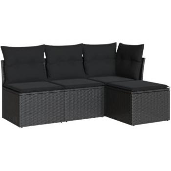 Sofás de jardín de 4 piezas con almohadas negras en Polyrattan