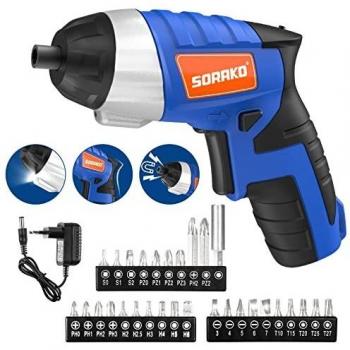 SORAKO 3.6V Destornillador Bateria, 6Nm Destornillador Eléctrico con 30 Accesorios, Destornillador con Luz LED, 2 Direcciones de Rotación, Indicador de Batería y Cargador, Bricolaje Profesional