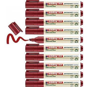 Edding 22 EcoLine marcador permanente - rojo - 10 rotuladores - punta biselada 1-5mm - indeleble de secado rápido - resistente al agua y los borrones - cartón plástico madera metal tela - universal
