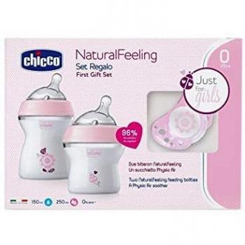 Chicco Naturalfeeling, Set de Regalo con 2 Biberones para Recién Nacido + Chupete 0 M+, Rosa