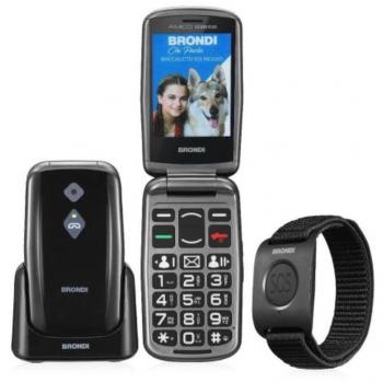 Teléfono Móvil Brondi Amico Seguro Plus 2.8 Dual SIM Negro Metal con Base de Carga y Pulsera SOS