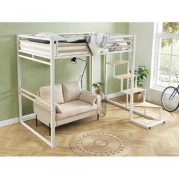 Cama alta 140 x 200 cm - Metal y MDF - Blanco + Colchón JOGUI