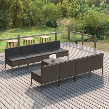 9-Piece Grey Poly Rattan Garden Lounge Set with Cushions